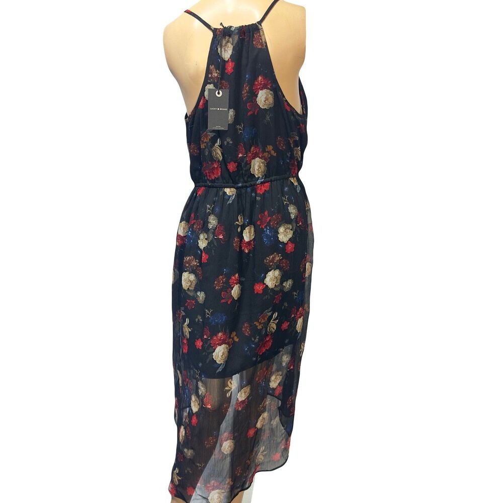 Lucky Brand Womens Midi Dress size M Black Dark Floral Chiffon Faux Wrap NWT - Picture 4 of 11